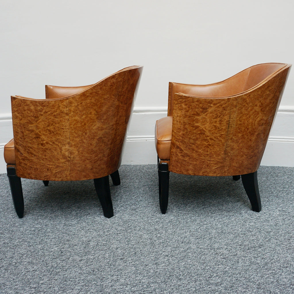 Original Vintage Art Deco Club Armchairs in Brown leather and walnut - Jeroen Markies Art Deco 