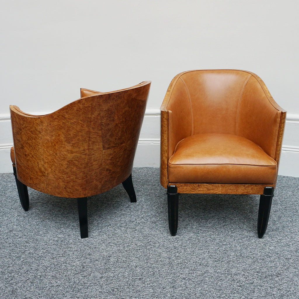 Original Vintage Art Deco Club Armchairs in Brown leather and walnut - Jeroen Markies Art Deco 