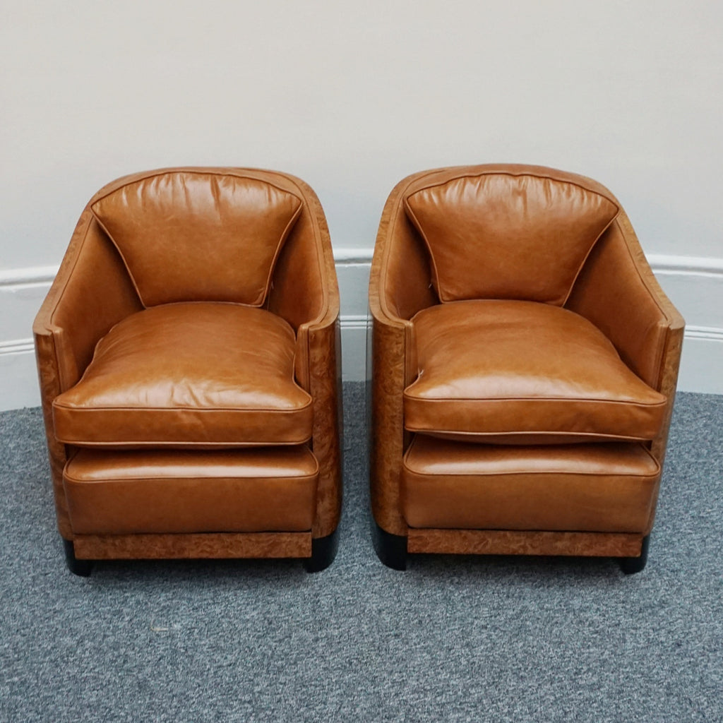 Pair of Vintage Maurice Adams Art Deco Club Lounge Chairs in Burr Walnut with Brown Leather Re-upholstery - Jeroen Markies Art Deco