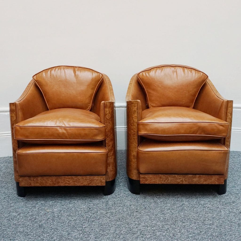 Pair of Vintage Maurice Adams Art Deco Club Lounge Chairs in Burr Walnut with Brown Leather Re-upholstery - Jeroen Markies Art Deco