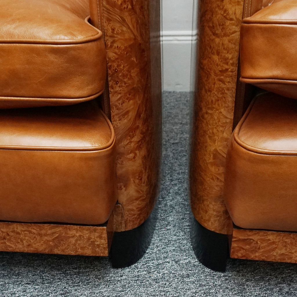 Pair of Vintage Maurice Adams Art Deco Club Lounge Chairs in Burr Walnut with Brown Leather Re-upholstery - Jeroen Markies Art Deco