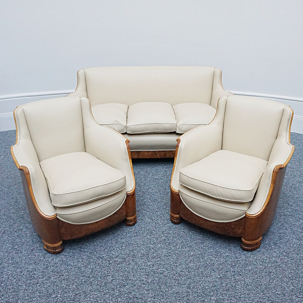 Vintage Art Deco Three Piece Lounge Suite by Maurice Adams Circa 1930 Burr Walnut and Leather - Jeroen Markies Art Deco