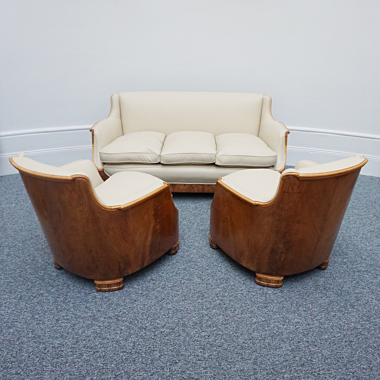 Vintage Art Deco Three Piece Lounge Suite by Maurice Adams Circa 1930 Burr Walnut and Leather - Jeroen Markies Art Deco
