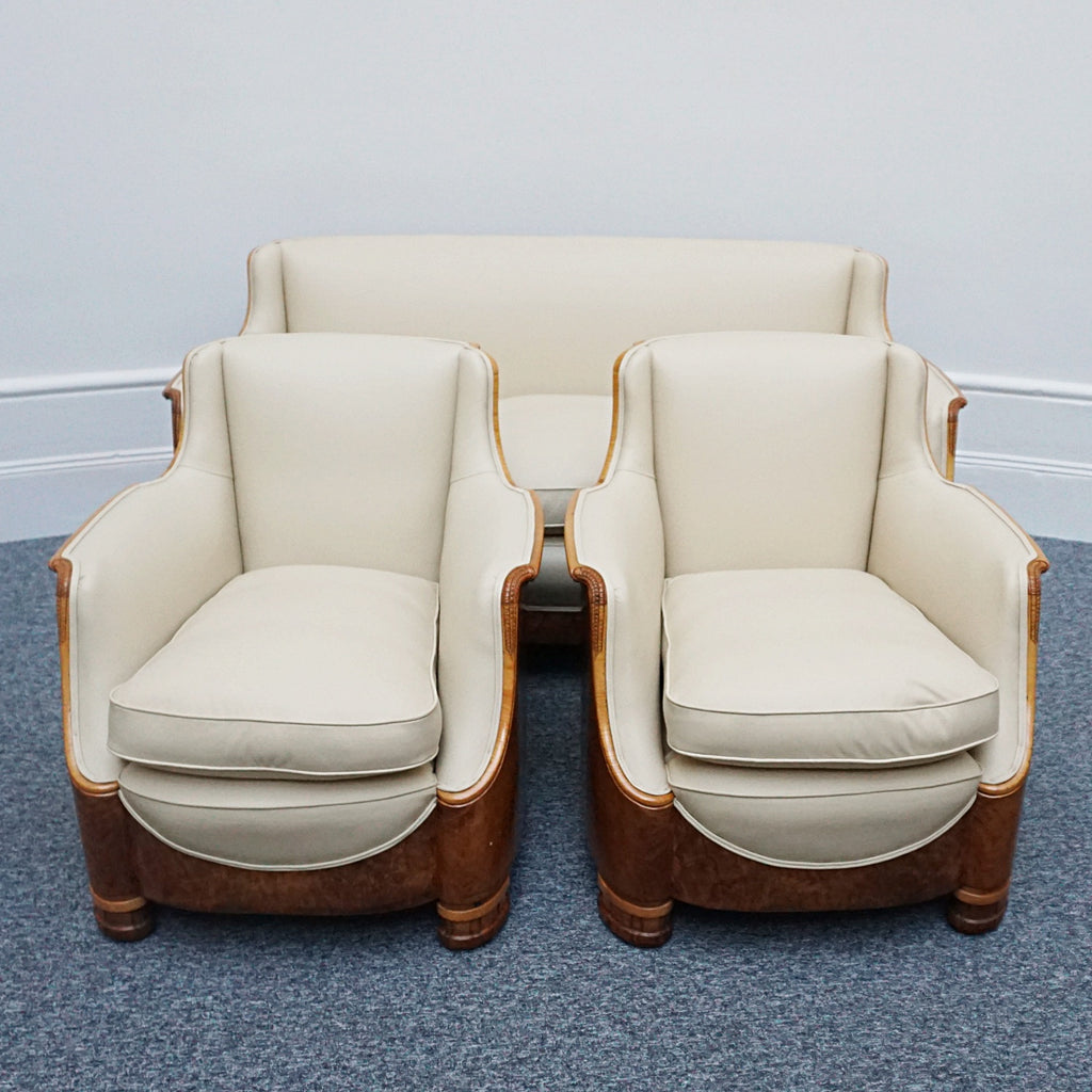 Vintage Art Deco Three Piece Lounge Suite by Maurice Adams Circa 1930 Burr Walnut and Leather - Jeroen Markies Art Deco