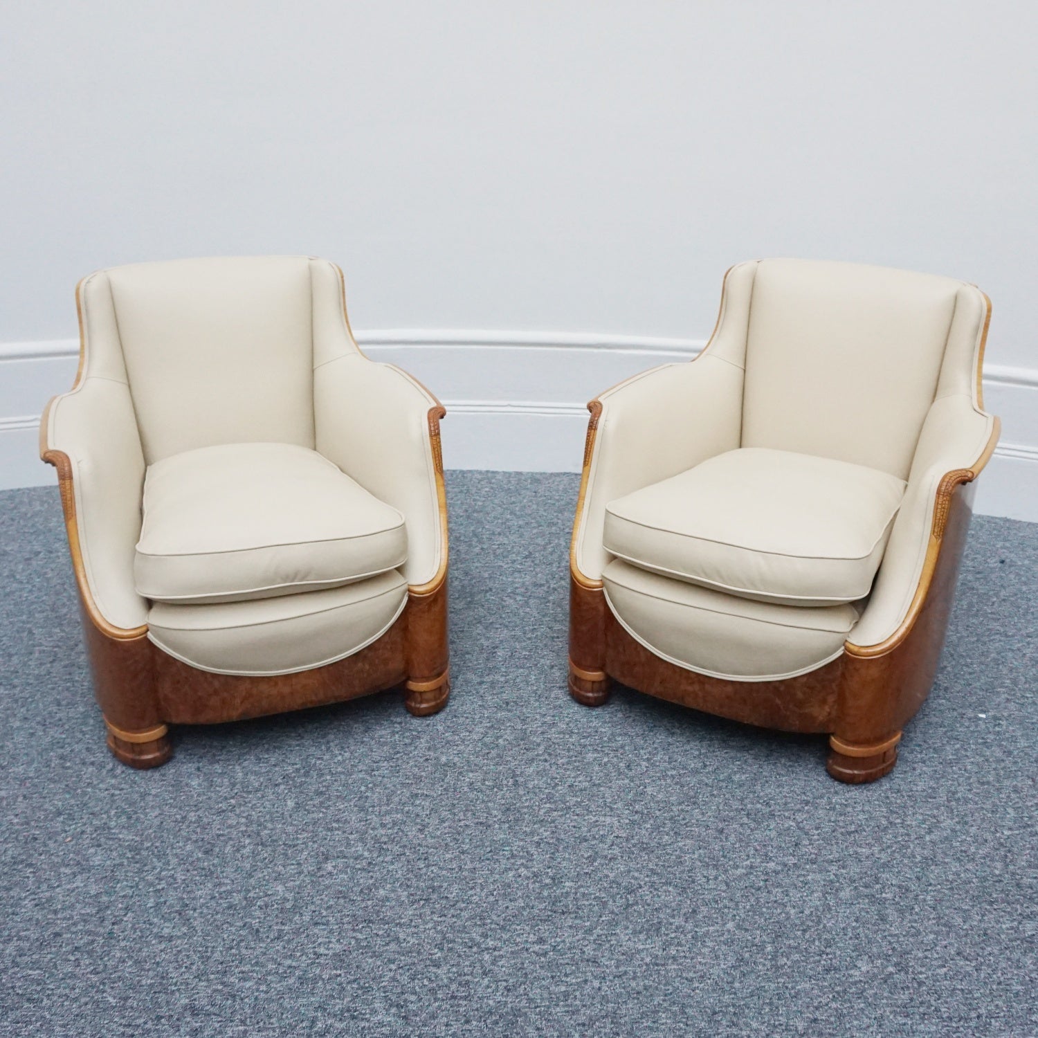 Vintage Art Deco Three Piece Lounge Suite by Maurice Adams Circa 1930 Burr Walnut and Leather - Jeroen Markies Art Deco