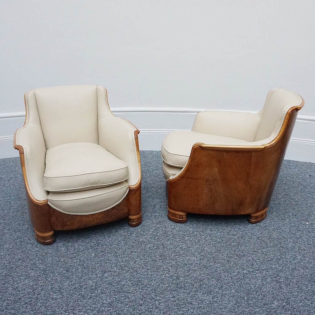 Vintage Art Deco Three Piece Lounge Suite by Maurice Adams Circa 1930 Burr Walnut and Leather - Jeroen Markies Art Deco