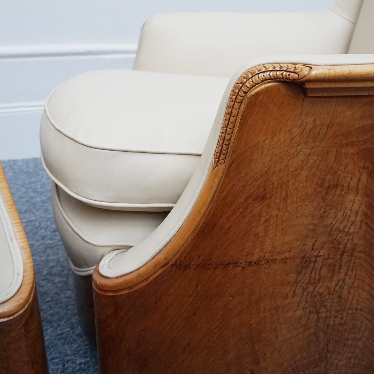 Vintage Art Deco Three Piece Lounge Suite by Maurice Adams Circa 1930 Burr Walnut and Leather - Jeroen Markies Art Deco