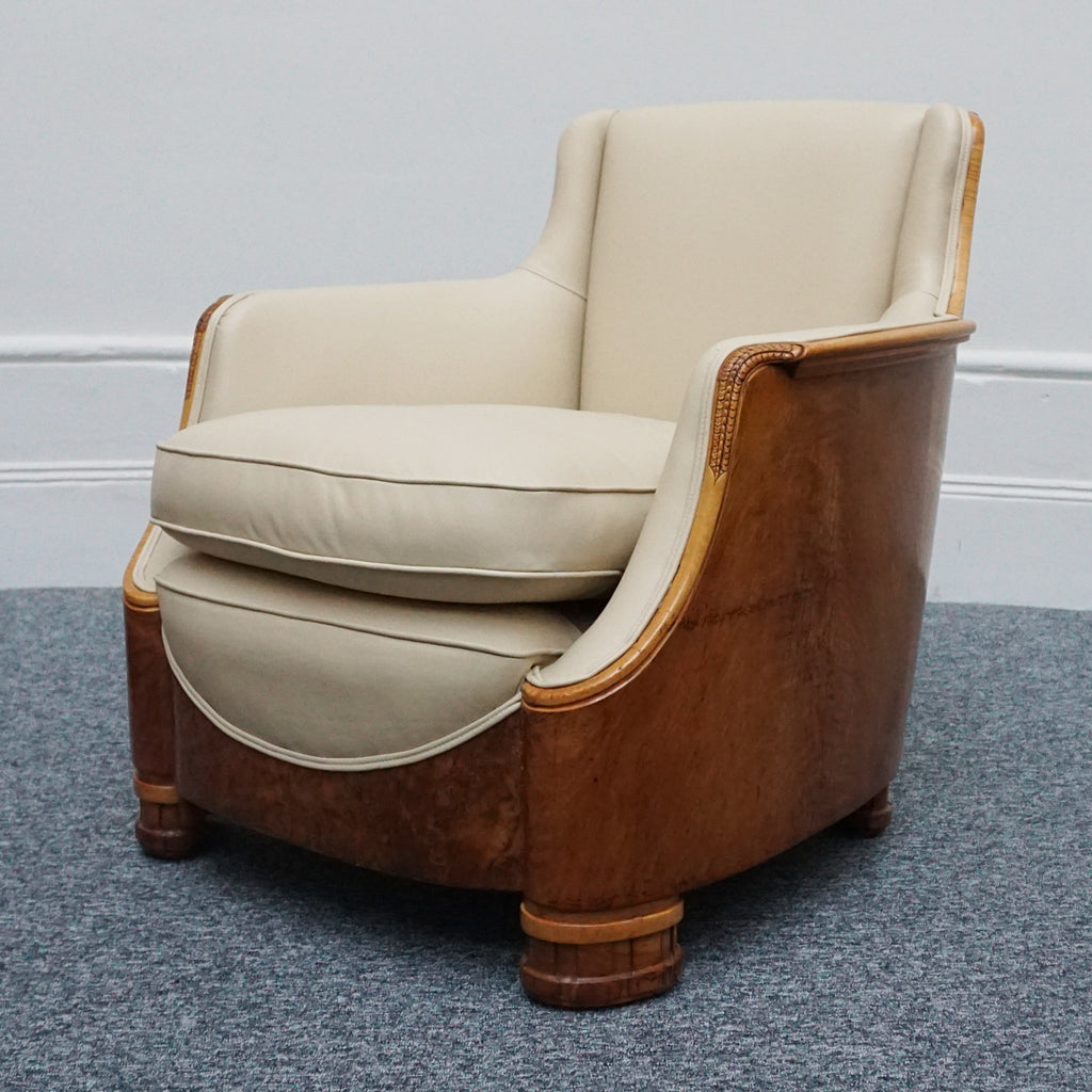 Vintage Art Deco Three Piece Lounge Suite by Maurice Adams Circa 1930 Burr Walnut and Leather - Jeroen Markies Art Deco