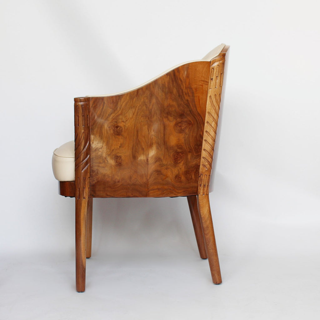 Maurice Adams Art deco armchairs with solid walnut legs circa 1930