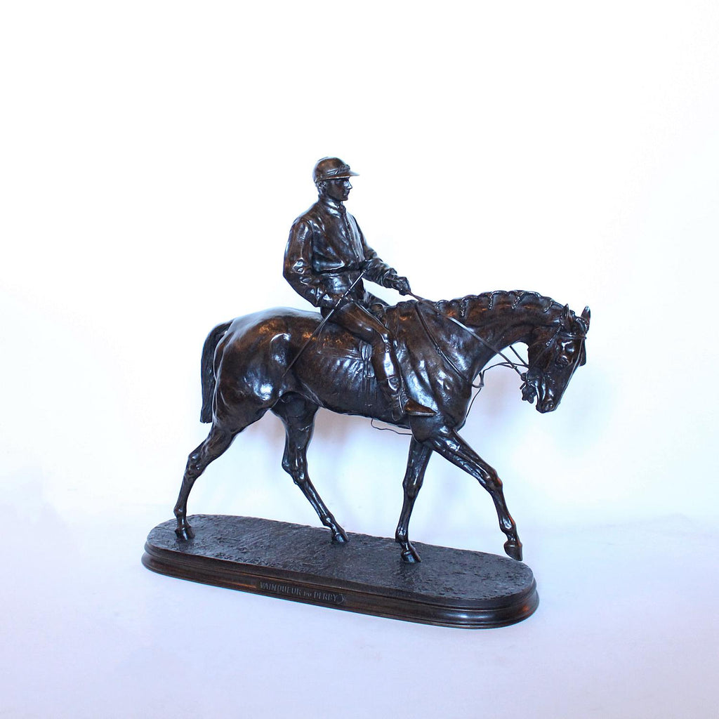 Vainqueur du Derby, a patinated bronze jockey on his horse by Pierre-Jules Mene at Jeroen Markies