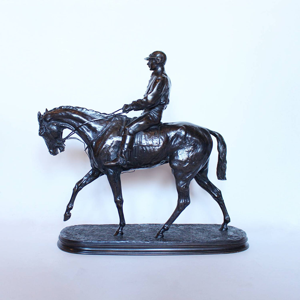 Vainqueur du Derby, a patinated bronze jockey on his horse by Pierre-Jules Mene at Jeroen Markies