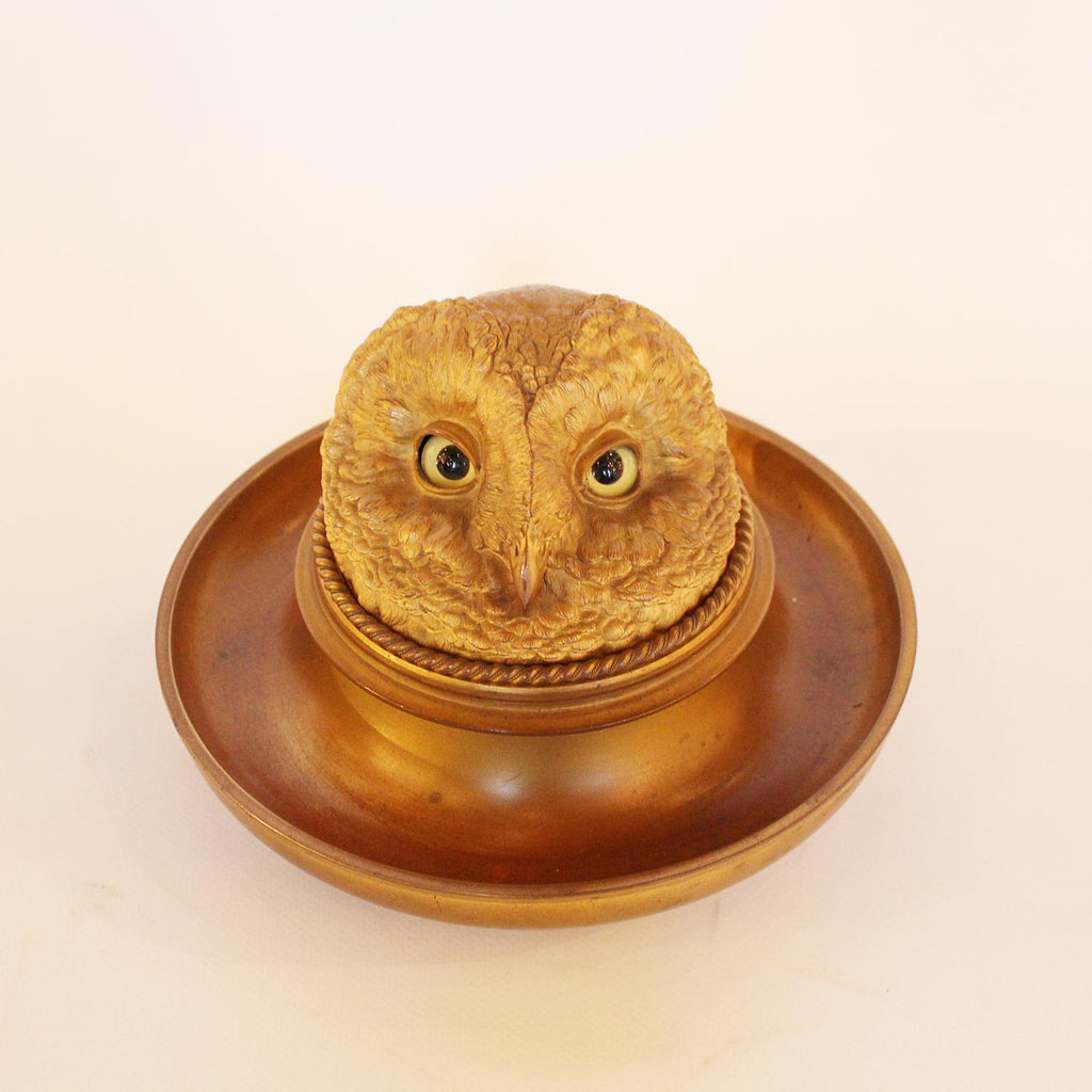 Victorian gilt owl head inkwell with integral tray