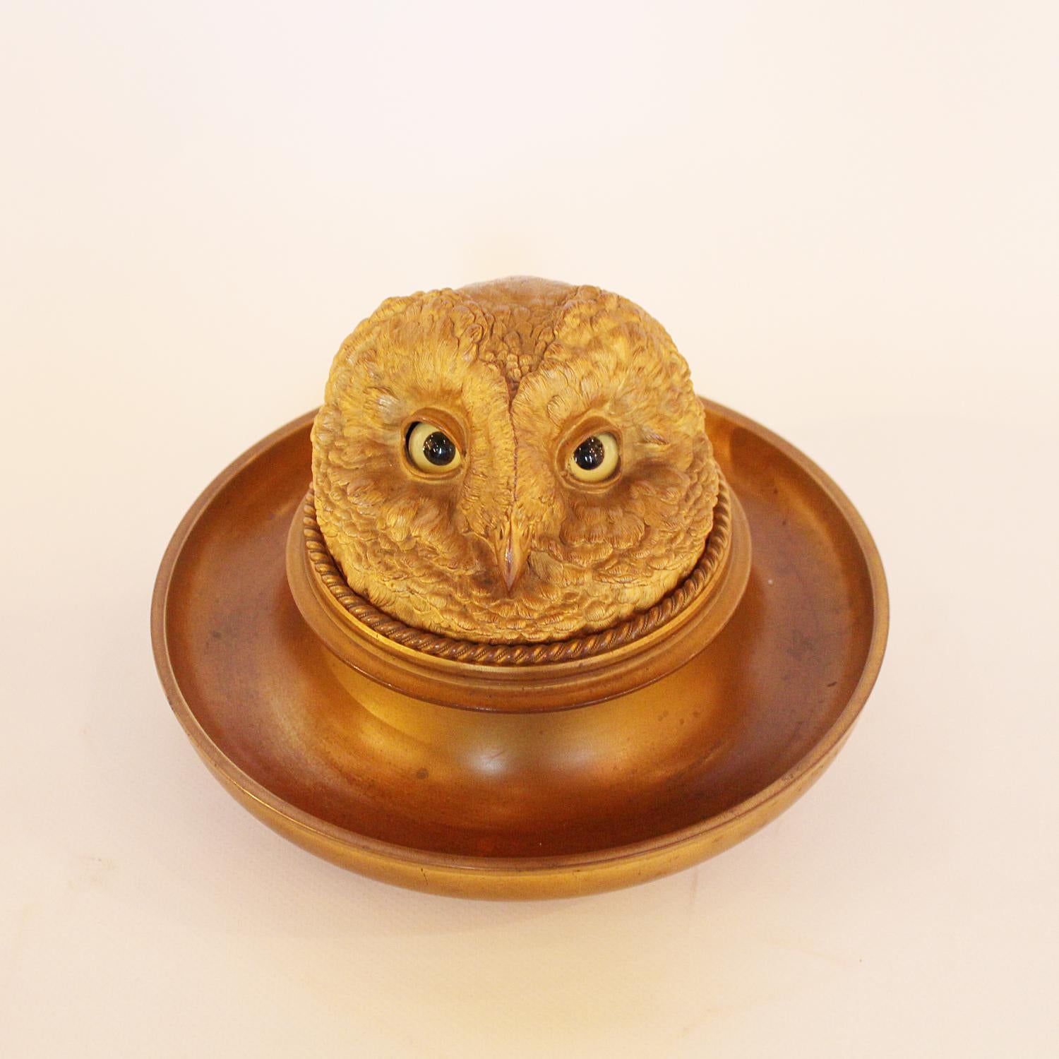 Victorian gilt owl head inkwell with integral tray