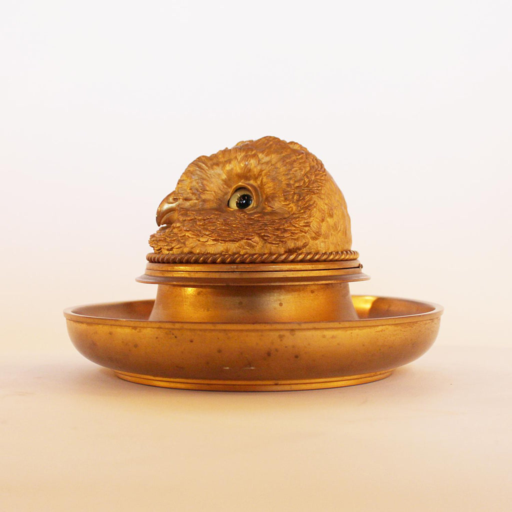 Victorian gilt owl head inkwell with integral tray