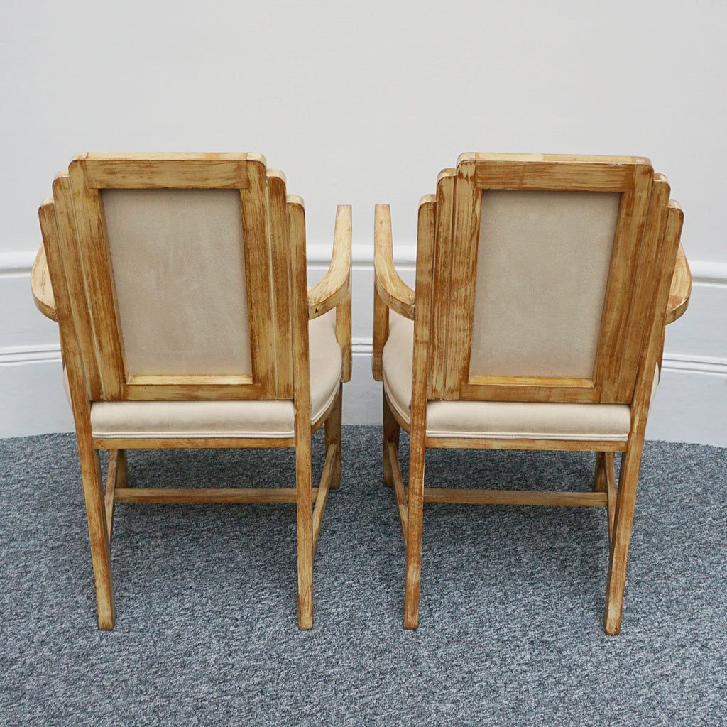 Vintage Pair of Limed Oak Armchairs Re-Upholstered in Faux Suede - Jeroen Markies Art Deco