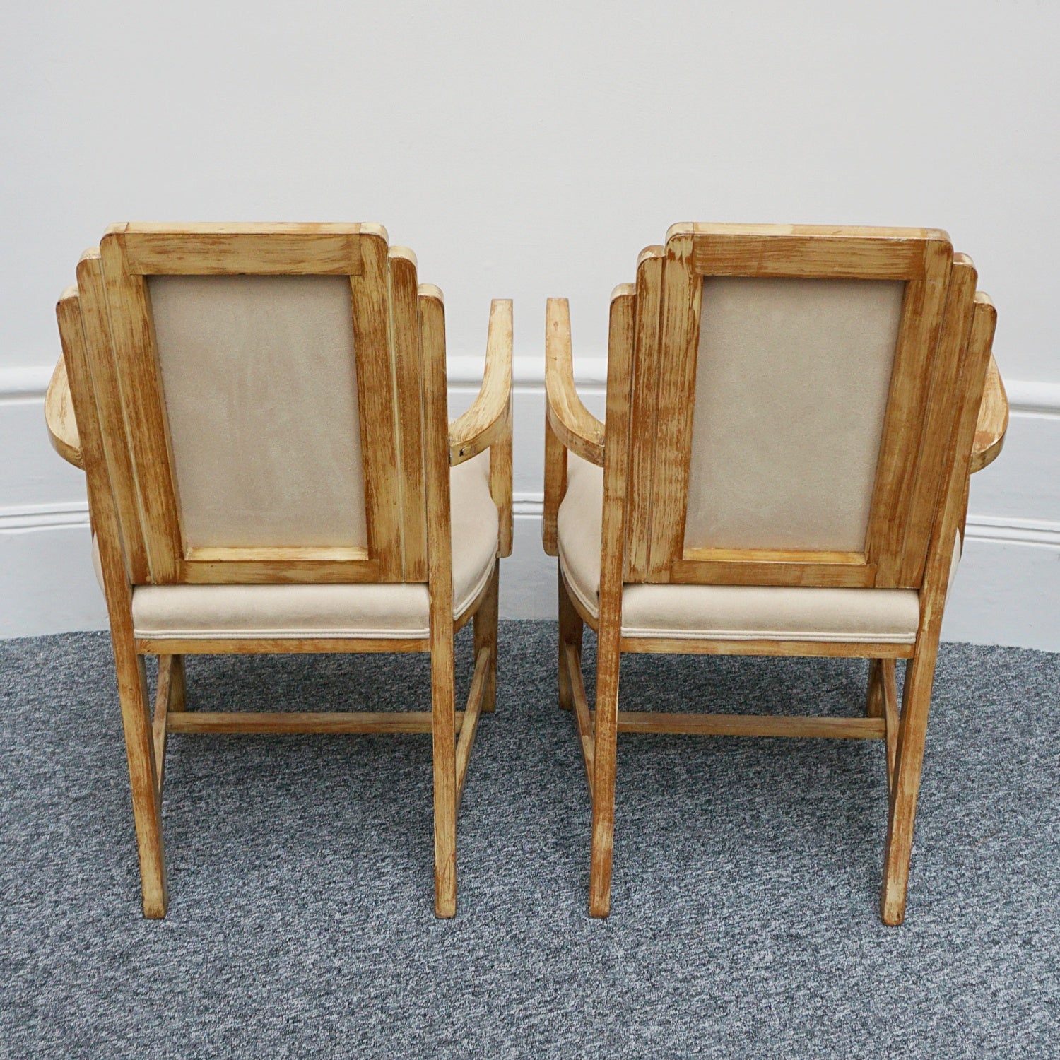 Vintage Pair of Limed Oak Armchairs Re-Upholstered in Faux Suede - Jeroen Markies Art Deco