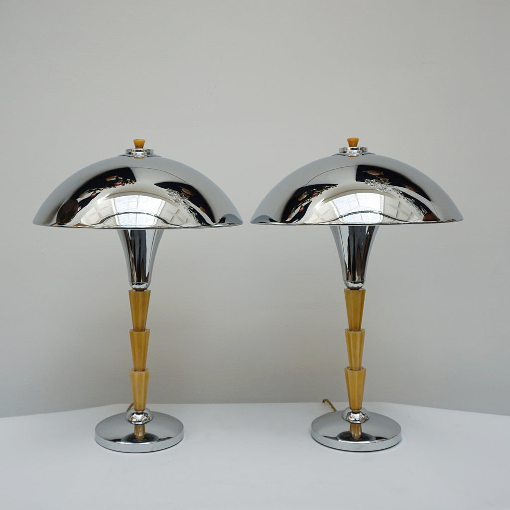 Dome Lamps - Three pieces of fluted marble yellow bakelite - Chromed Metal Shade - Jeroen Markies Art Deco