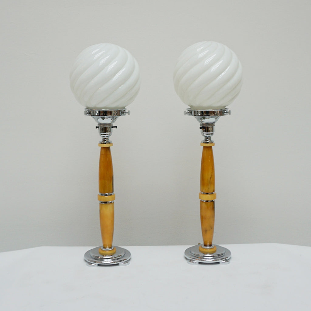 Table Lamps - Marbled Amber Bakelite Stem - Bevelled White Glass Shade - Jeroen Markies Art Deco