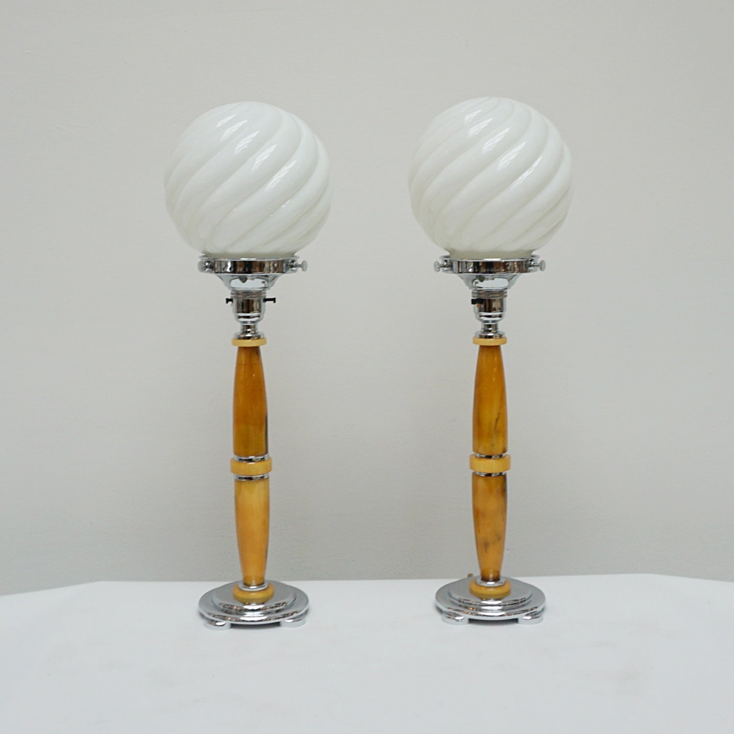 Table Lamps - Marbled Amber Bakelite Stem - Bevelled White Glass Shade - Jeroen Markies Art Deco