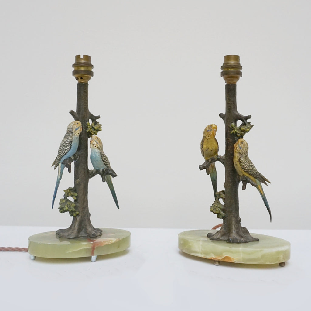 Pair of Art Deco Cold-painted Bronze Budgerigar Table Lamps Set Over Onyx Base