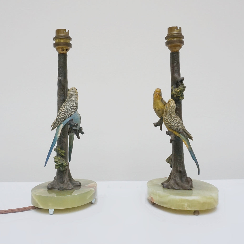 Pair of Art Deco Cold-painted Bronze Budgerigar Table Lamps Set Over Onyx Base