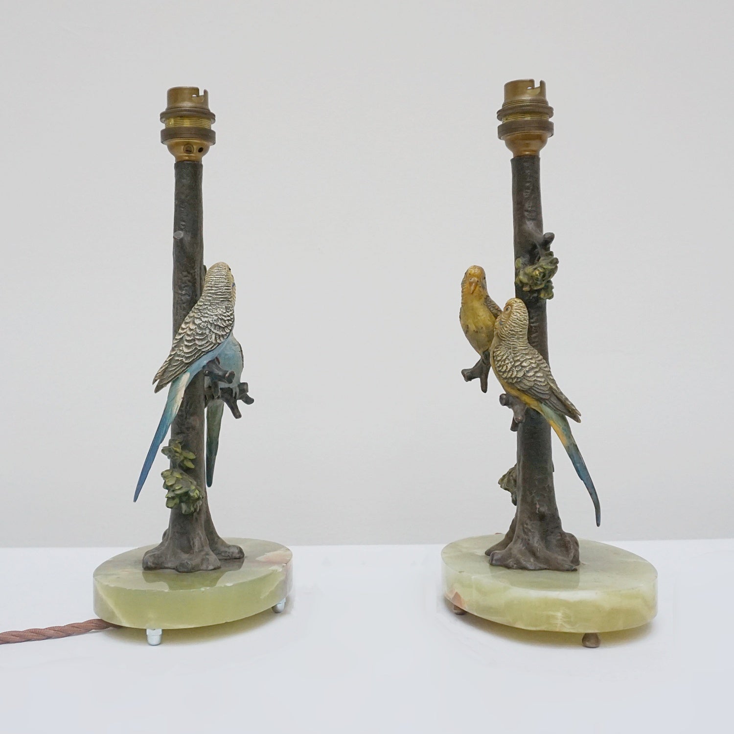 Pair of Art Deco Cold-painted Bronze Budgerigar Table Lamps Set Over Onyx Base