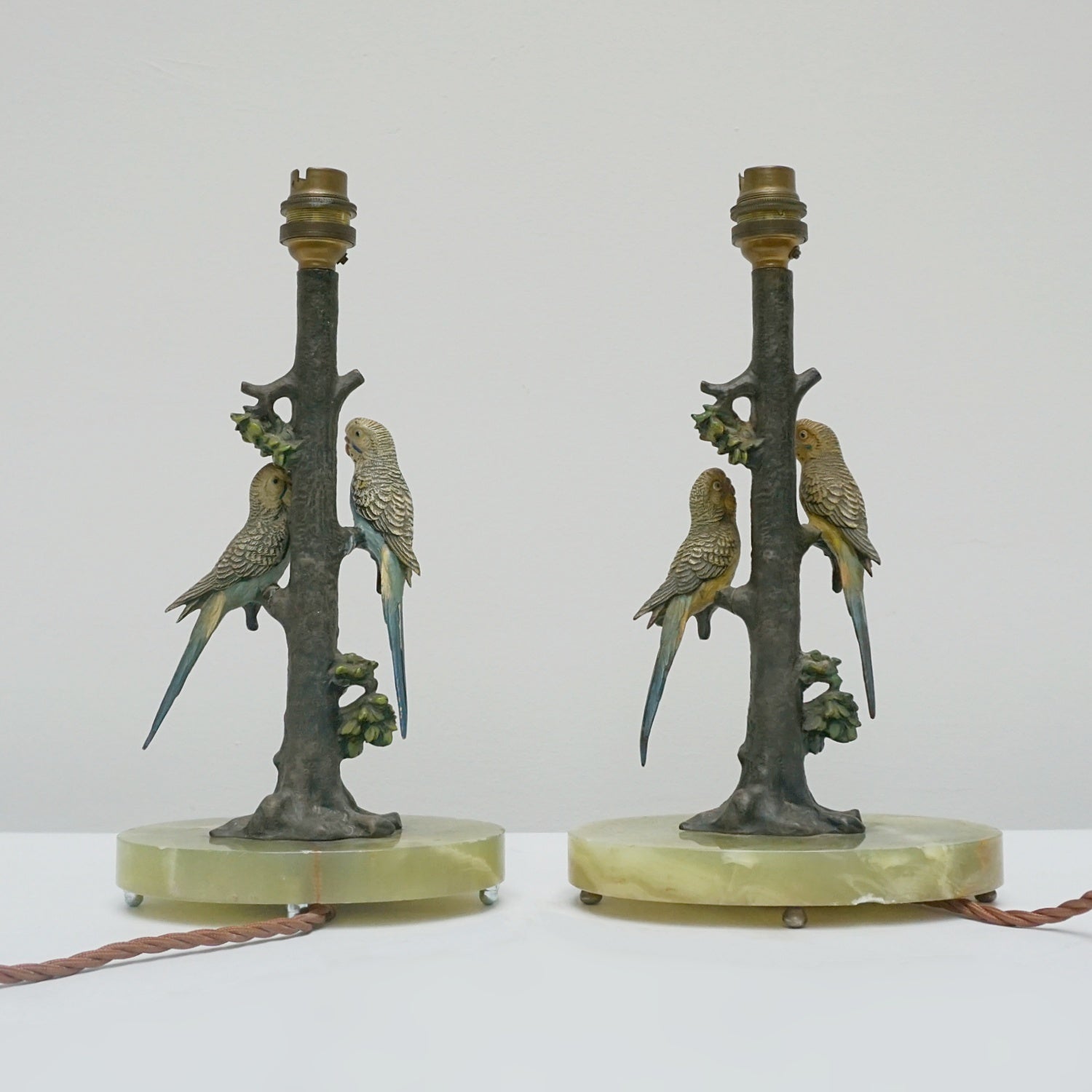 Pair of Art Deco Cold-painted Bronze Budgerigar Table Lamps Set Over Onyx Base