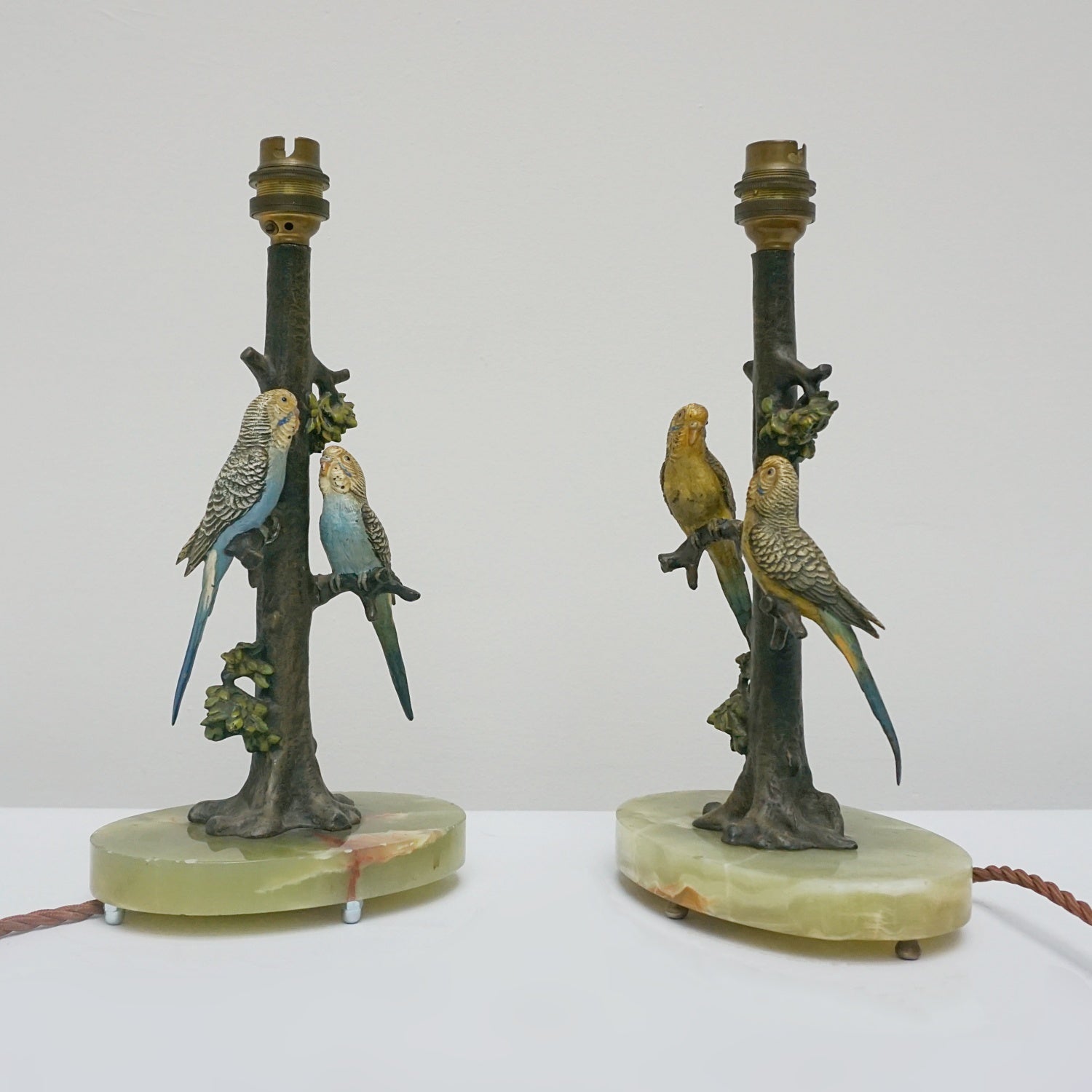 Pair of Art Deco Cold-painted Bronze Budgerigar Table Lamps Set Over Onyx Base