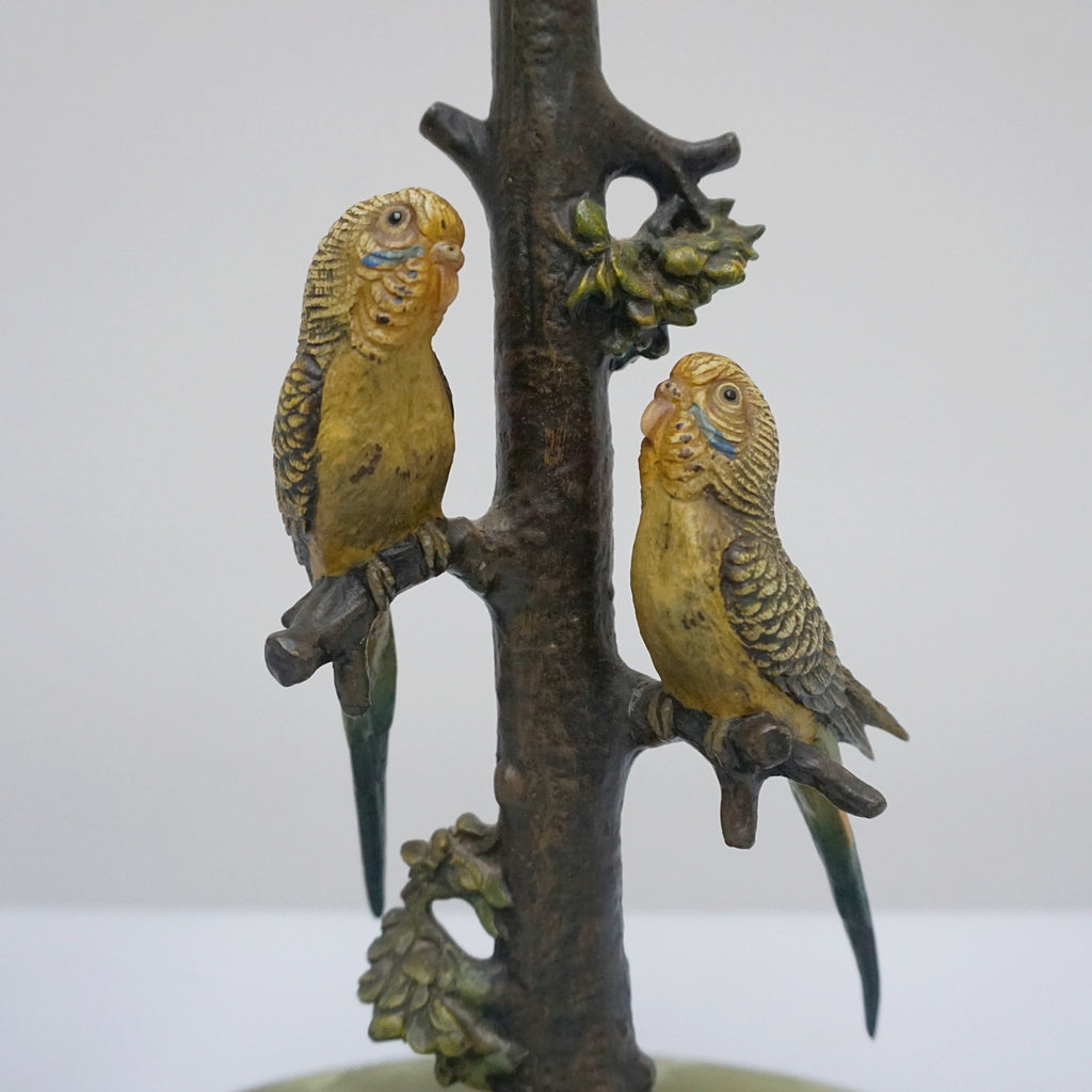 Pair of Art Deco Cold-painted Bronze Budgerigar Table Lamps Set Over Onyx Base