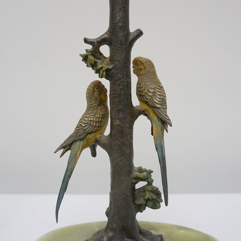 Pair of Art Deco Cold-painted Bronze Budgerigar Table Lamps Set Over Onyx Base