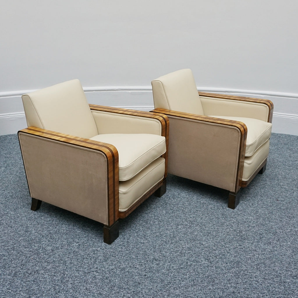 Art Deco Club Armchairs Vintage Art Deco Zebra Wood and Rosewood Cream Leather upholstery - Jeroen Markies Art Deco 