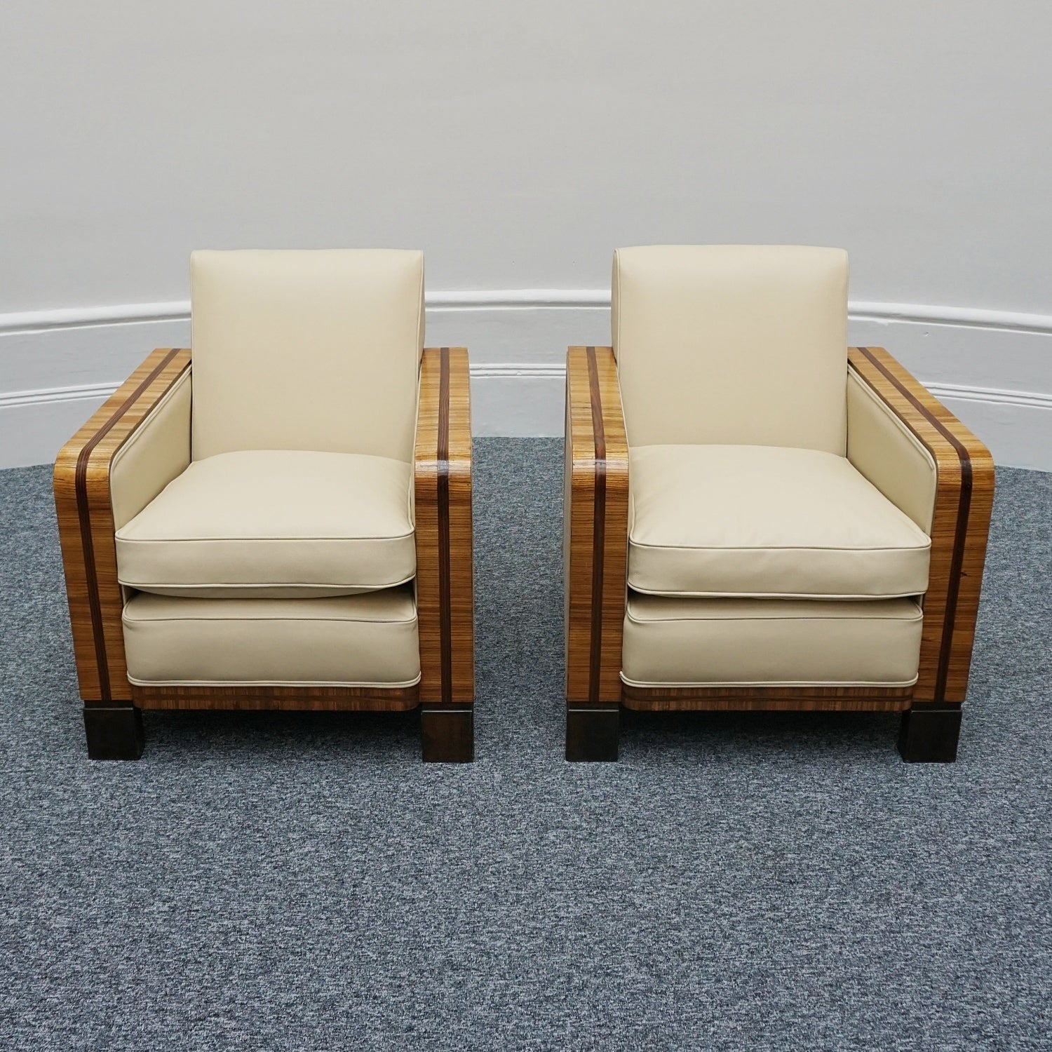 Art Deco Club Armchairs Vintage Art Deco Zebra Wood and Rosewood Cream Leather upholstery - Jeroen Markies Art Deco 