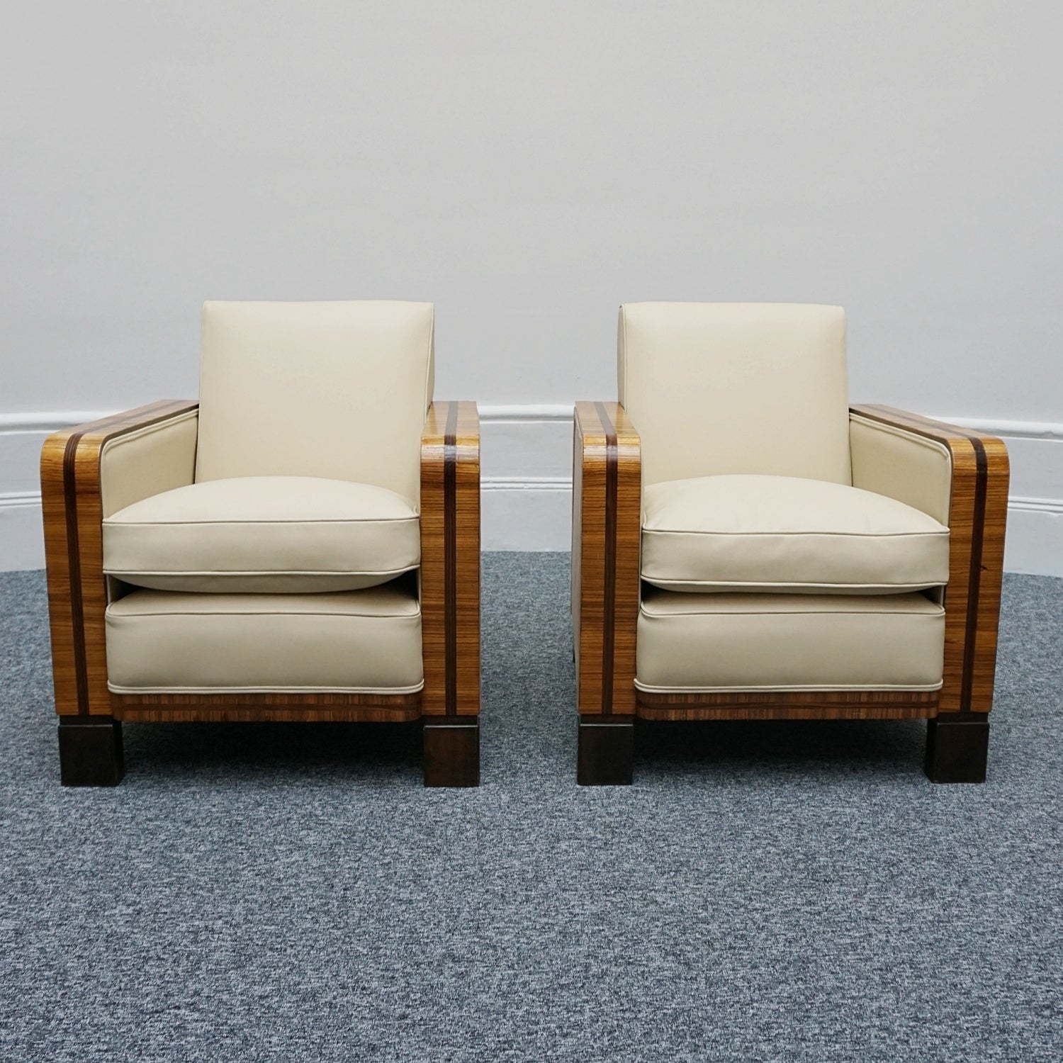 Art Deco Club Armchairs Vintage Art Deco Zebra Wood and Rosewood Cream Leather upholstery - Jeroen Markies Art Deco 