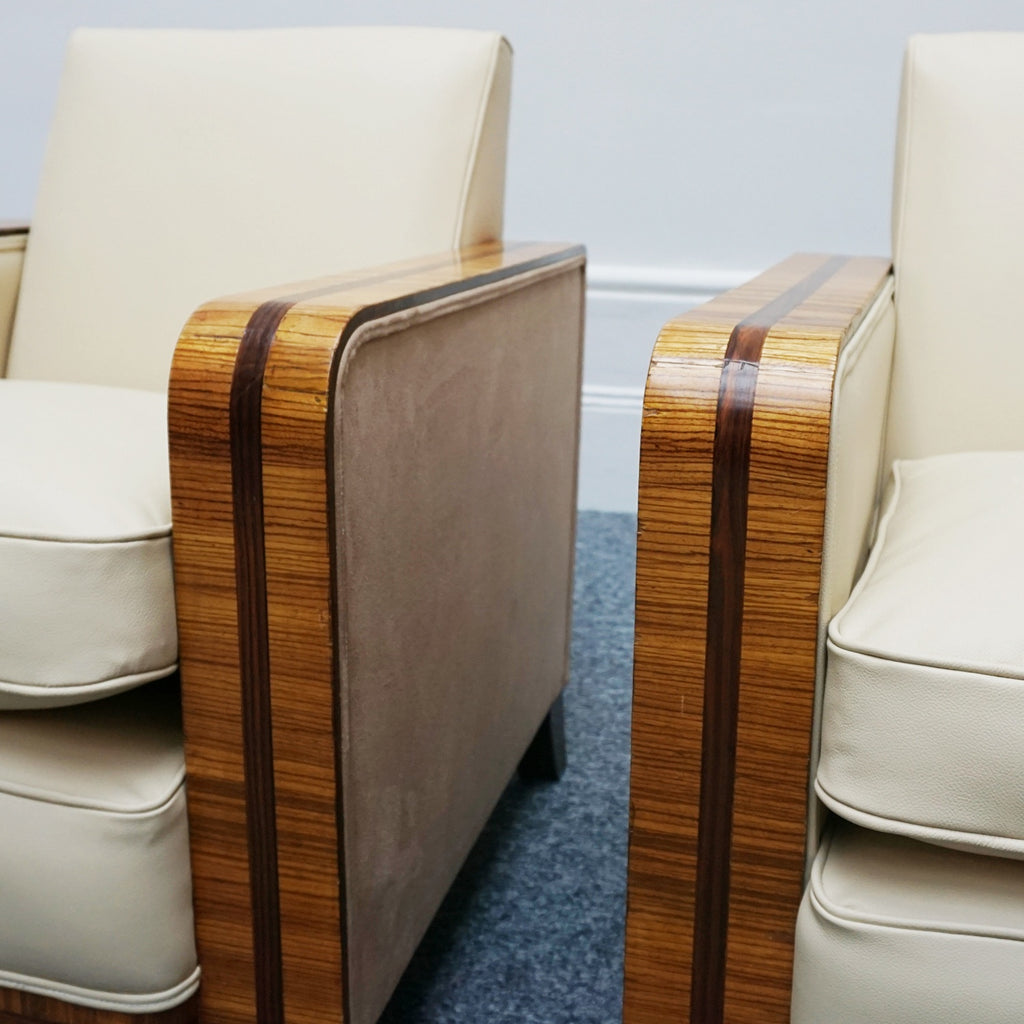 Art Deco Club Armchairs Vintage Art Deco Zebra Wood and Rosewood Cream Leather upholstery - Jeroen Markies Art Deco 