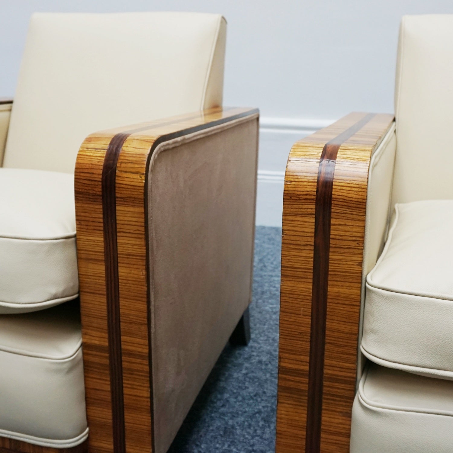 Art Deco Club Armchairs Vintage Art Deco Zebra Wood and Rosewood Cream Leather upholstery - Jeroen Markies Art Deco 
