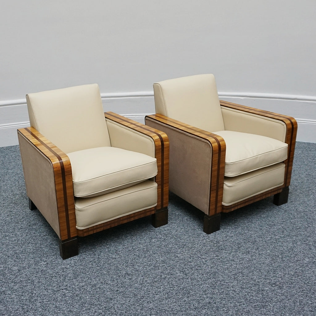 Art Deco Club Armchairs Vintage Art Deco Zebra Wood and Rosewood Cream Leather upholstery - Jeroen Markies Art Deco 
