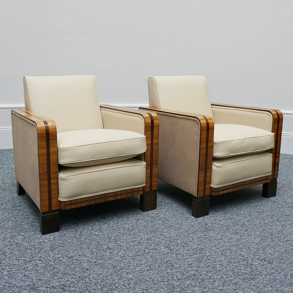 Art Deco Club Armchairs Vintage Art Deco Zebra Wood and Rosewood Cream Leather upholstery - Jeroen Markies Art Deco 