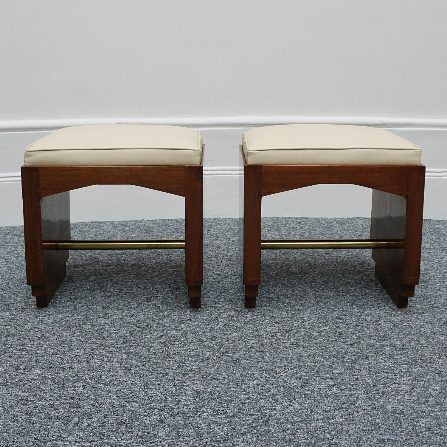 Art Deco Pair of Vintage Stools Cream Leather Burr Solid Walnut English Art Deco 1935 - Jeroen Markies Art Deco