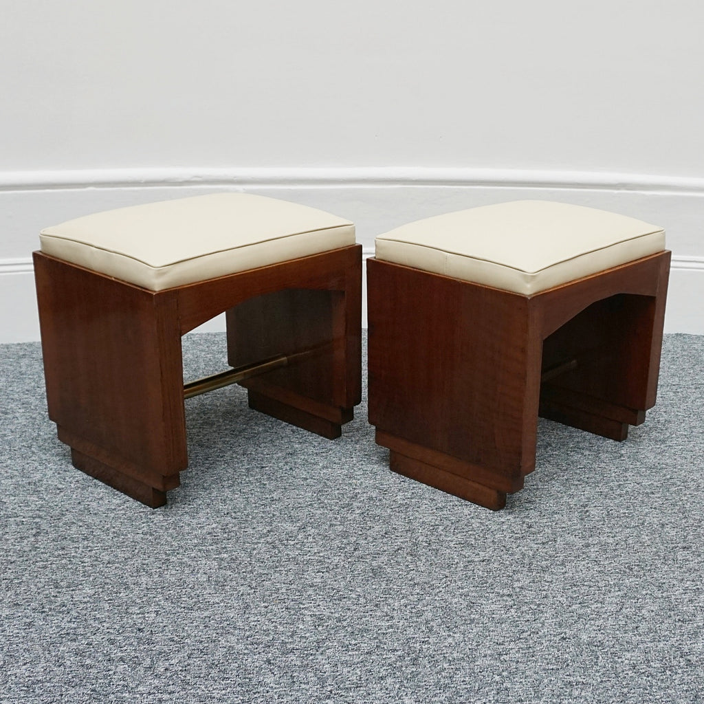 Art Deco Pair of Vintage Stools Cream Leather Burr Solid Walnut English Art Deco 1935 - Jeroen Markies Art Deco