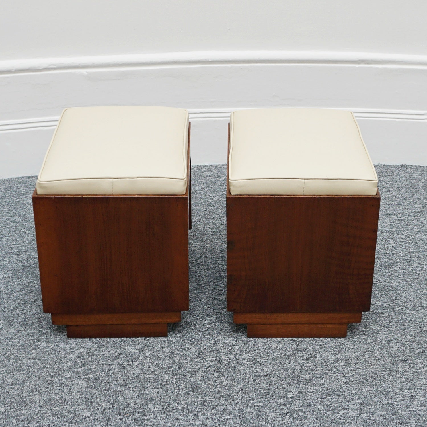Art Deco Pair of Vintage Stools Cream Leather Burr Solid Walnut English Art Deco 1935 - Jeroen Markies Art Deco