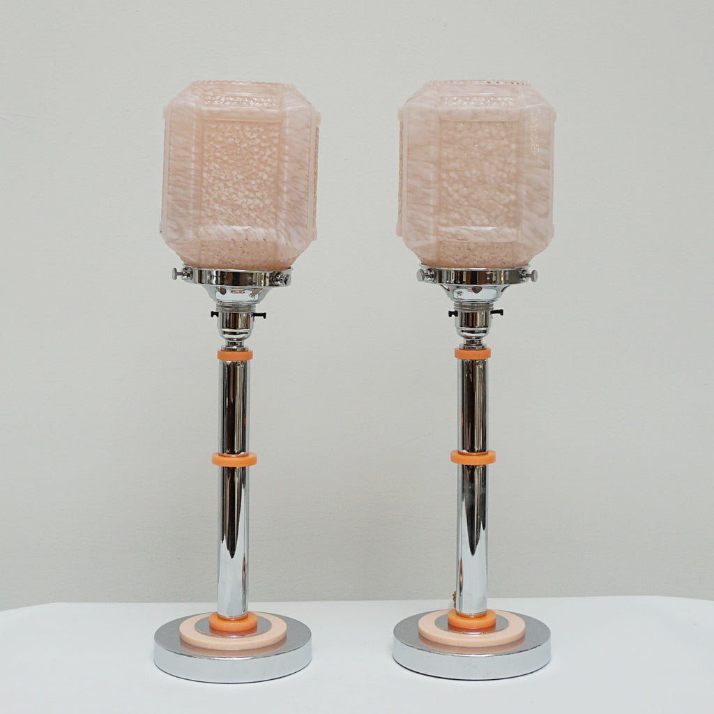 A Pair of Table Lamps - Peach and Pink Bakelite with Pink Glass Shade - Jeroen Markies Art Deco