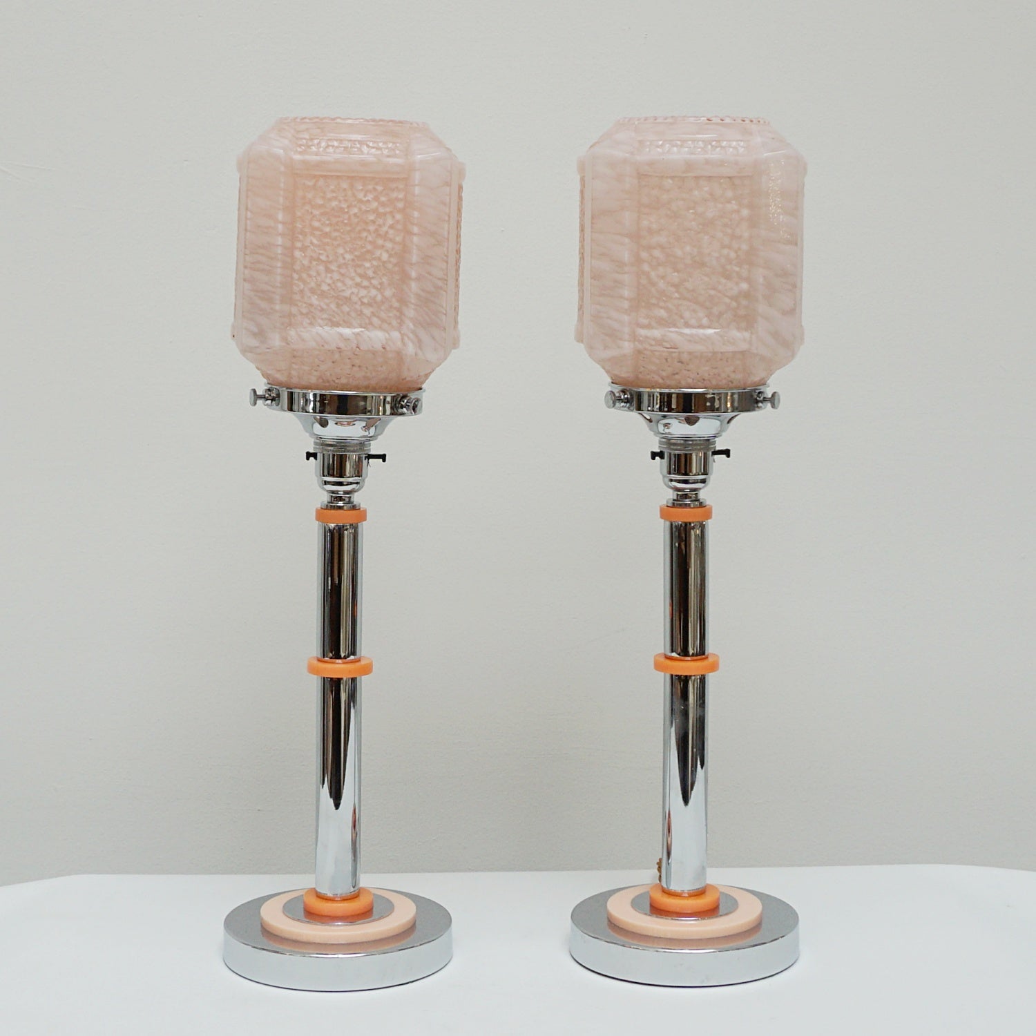 A Pair of Table Lamps - Peach and Pink Bakelite with Pink Glass Shade - Jeroen Markies Art Deco