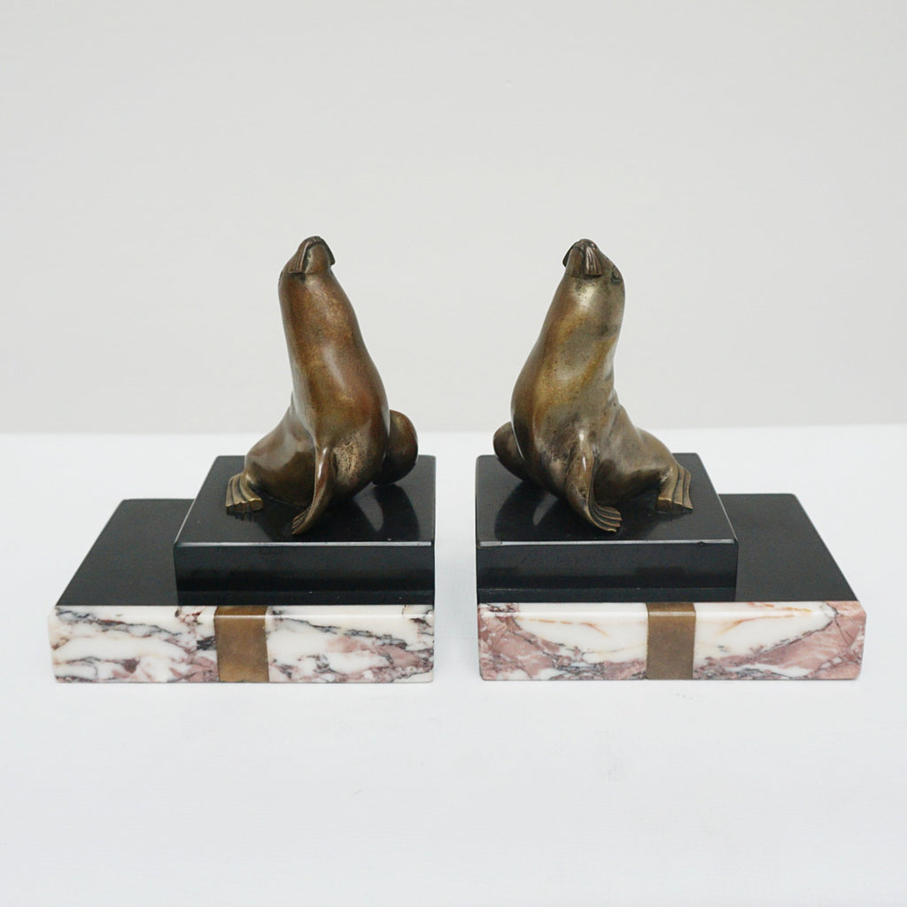 Art Deco Sea Lion Bookends Bronze and Marble - Jeroen Markies Art Deco