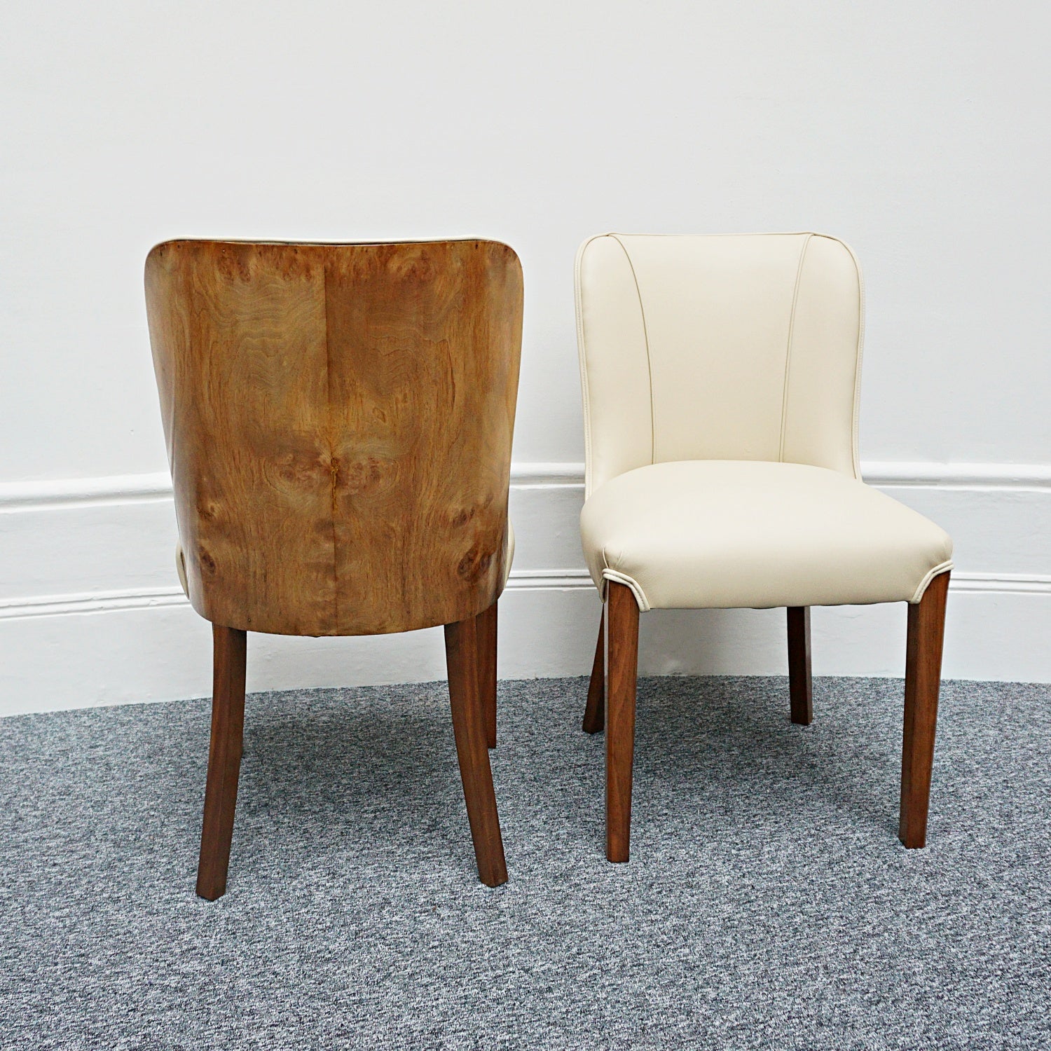 Pair of Vintage Art Deco Cream Leather and Burr Walnut Chairs - Jeroen Markies Art Deco