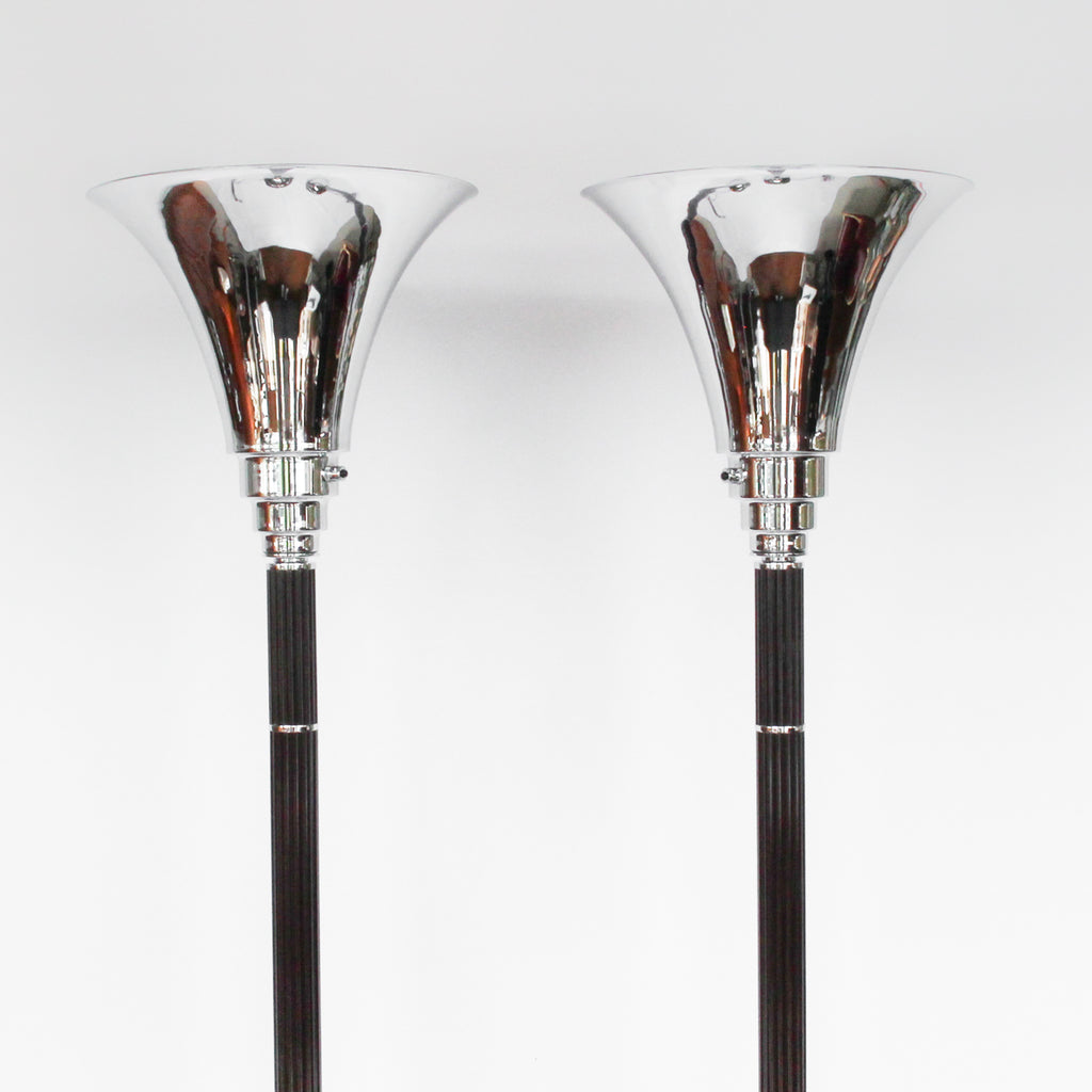 Art Deco uplighter floor lamps with brown bakelite stems at Jeroen Markies