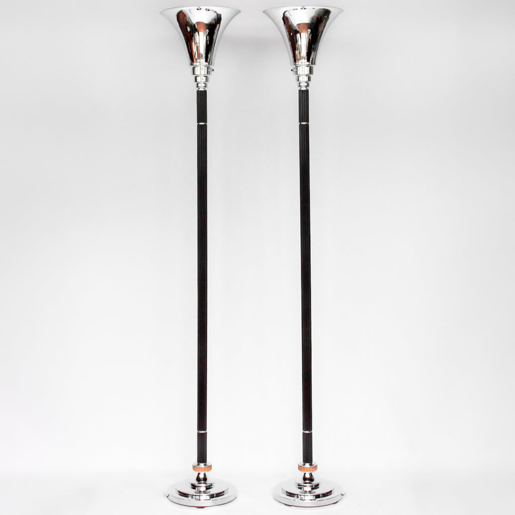 Art Deco uplighter floor lamps with brown bakelite stems at Jeroen Markies