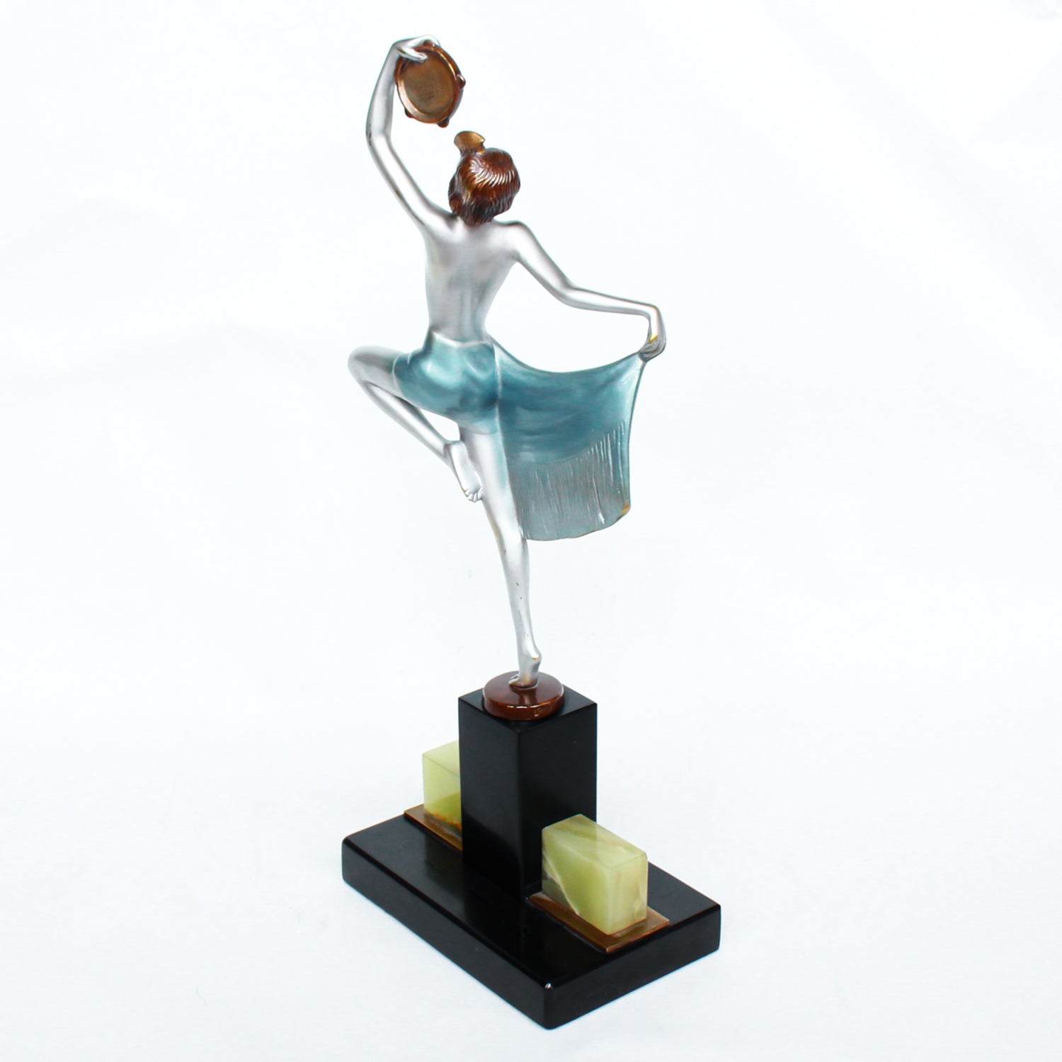 An Art Deco, cold painted bronze figure of an elegant dancer holding a tambourine, raised on a green onyx base.  Signed Lorenzl to bronze