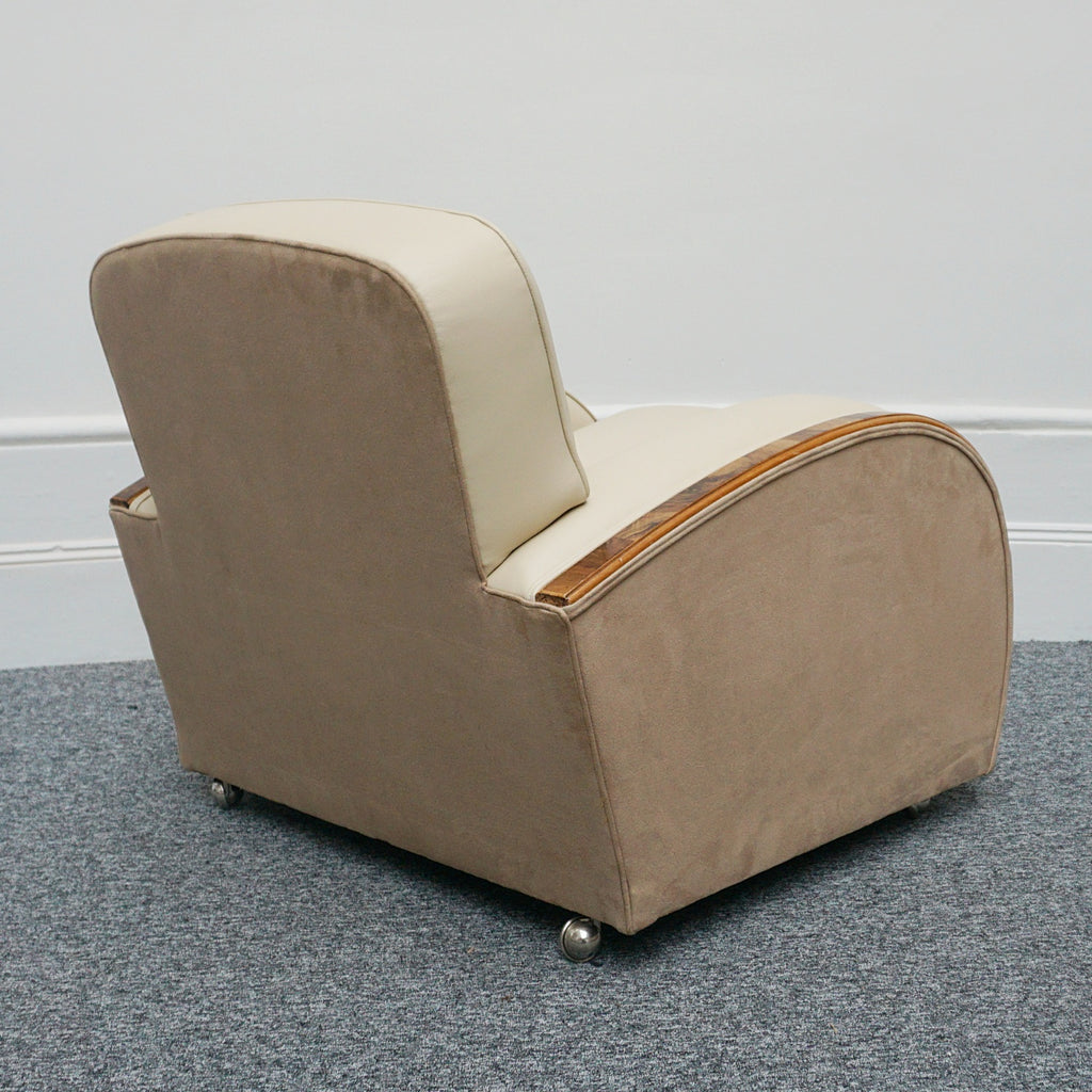 An Art Deco three piece tank suite by Heals of london. Made of Burr and solid walnut banding with reeded lower section, Upholstered in cream leather and contrasting faux suede