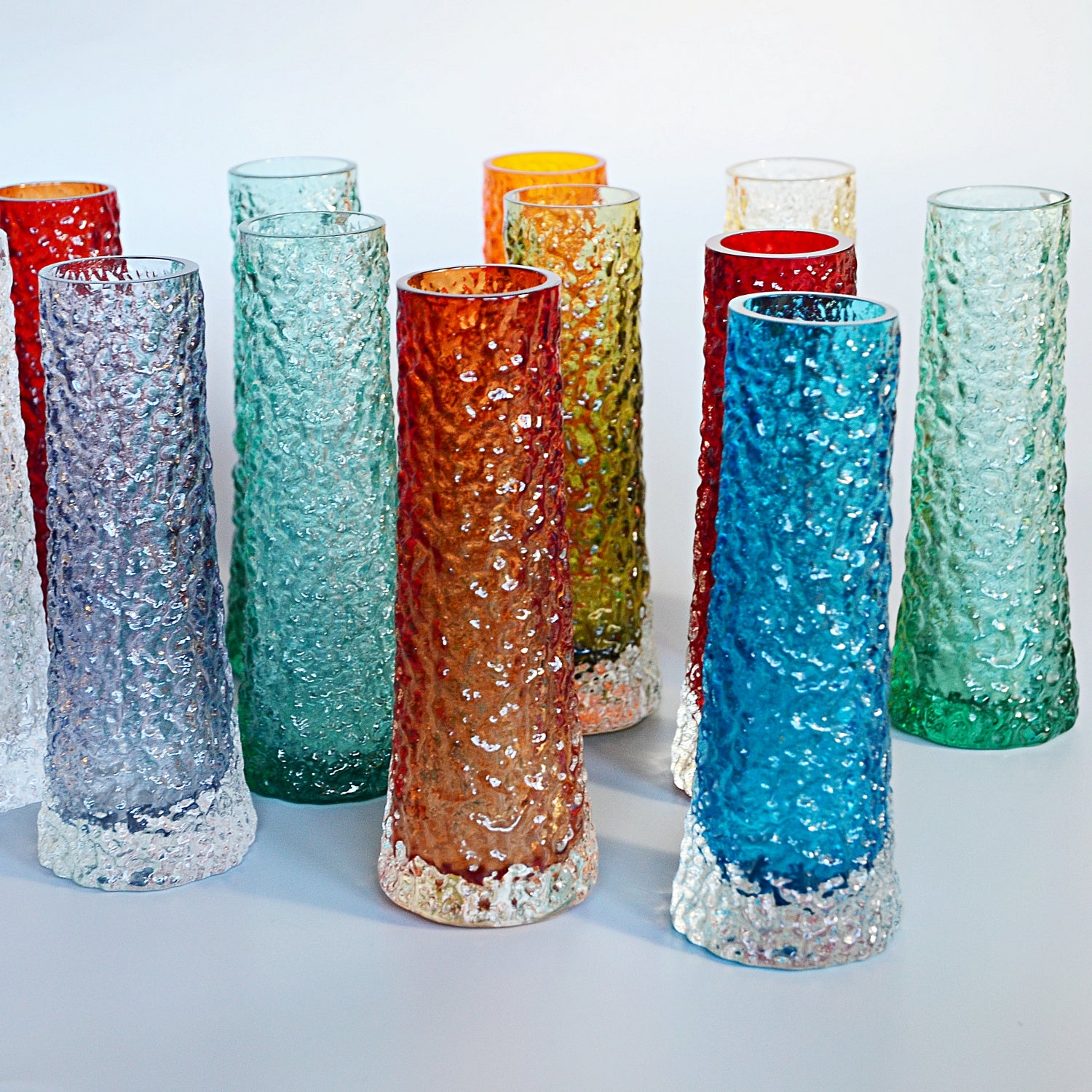 Collection of Twelve Textured 'Chimney' Bark Vases