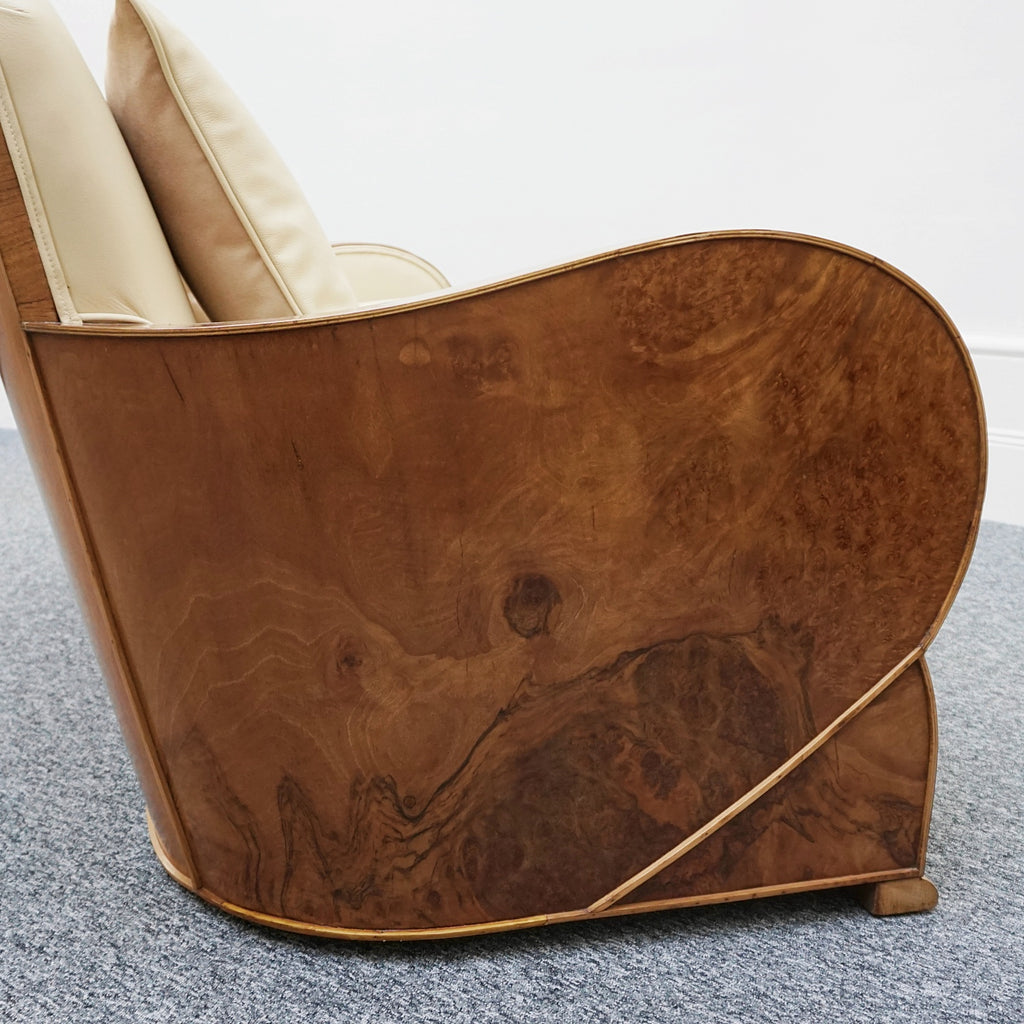 Art Deco Three Piece Lounge Suite Burr Walnut and Cream Leather - Jeroen Markies Art Deco 